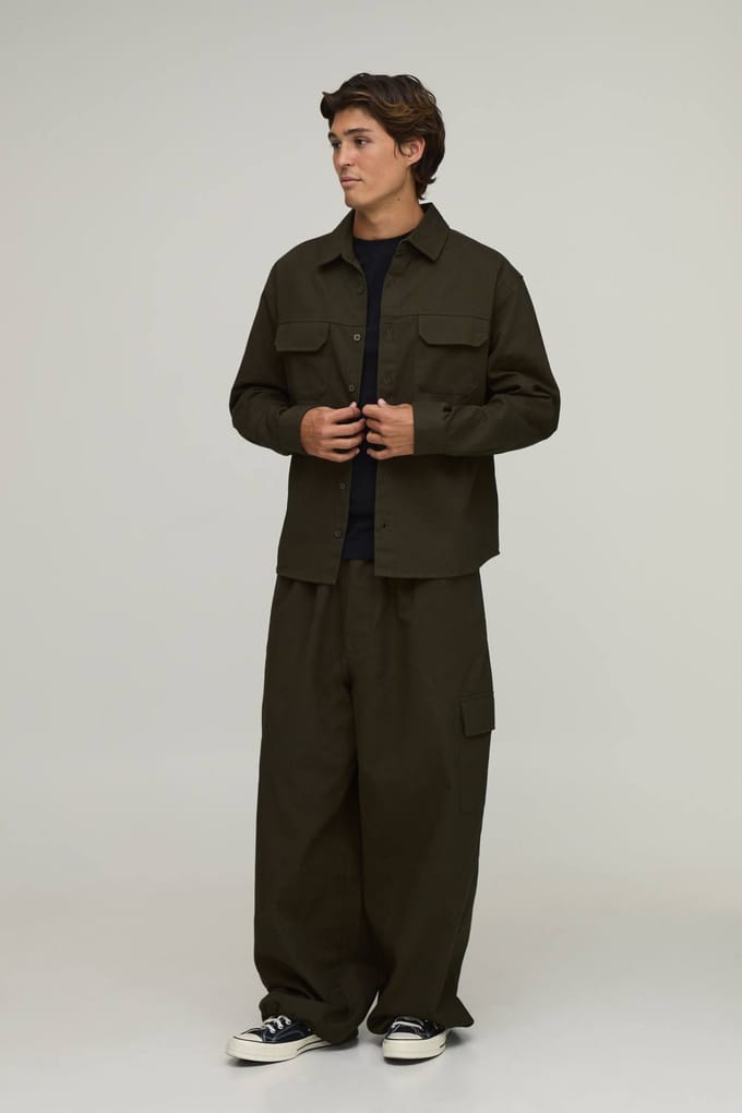 Oversized Shirt & Parachute Cargo Trouser Set | Khaki | Size Medium