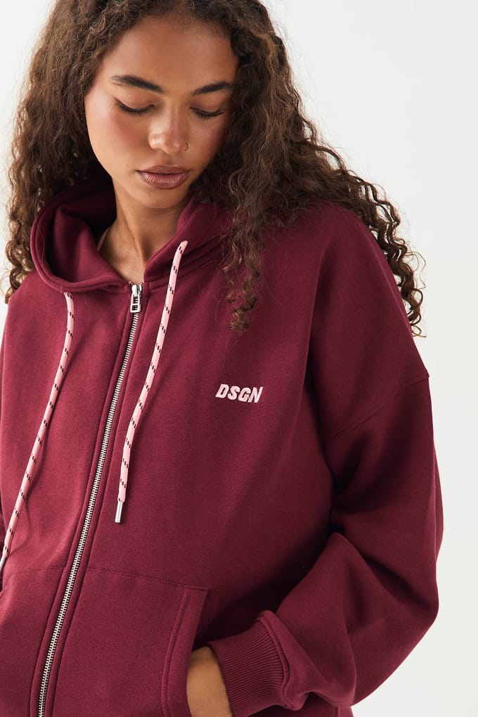 Dames DSGN Studio Sport Rits Oversized Hoodie | Bordeaux Rood | Maat: Small
