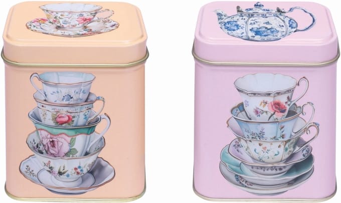 2x Blikje Theekopjes/theepot vintage 2ass. 7,5x7,5x9,5cm