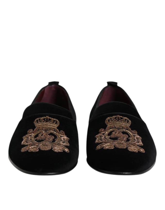 Dolce & Gabbana Zwarte Fluwelen Gouden Kroon Heren Instappers