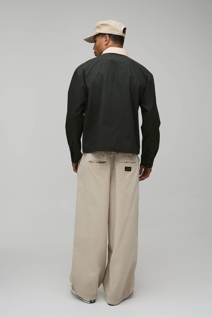 Oversized Boxy Quarter Zip Contrast Collar Poplin Shirt | Forest | Size Medium