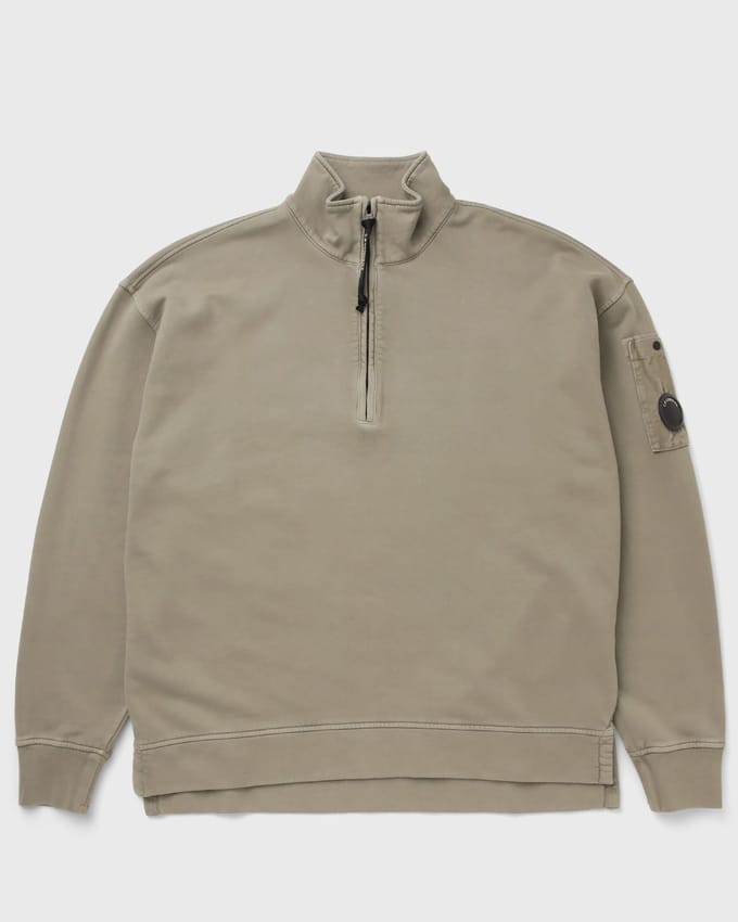 BRUSHED AND EMERIZED DIAGONAL FLEECE MIXED BOXY HALF ZIP LENS SWEATSHIRT