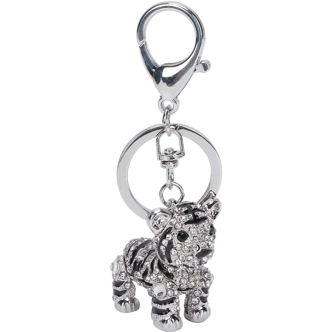 Porte-clés Tigre 3D Argent Alliage de Zinc Strass Brillant Accessoire de Bijouterie pour Sac de Dames Pendentif white
