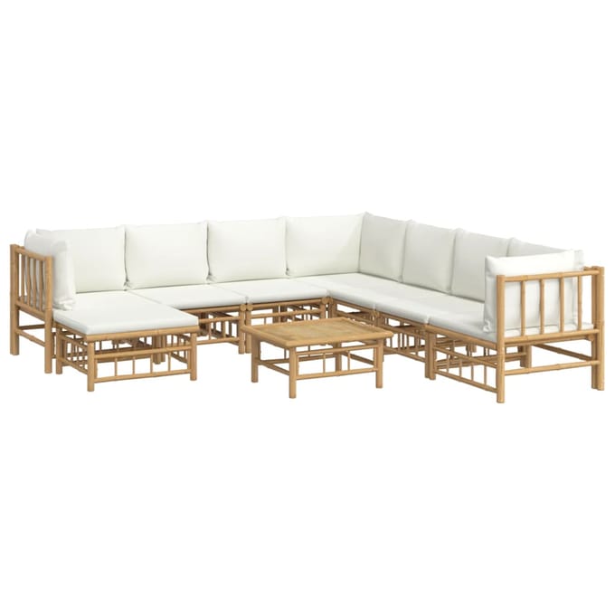 vidaXL - 9-delige - Loungeset - met - kussens - bamboe - crèmewit