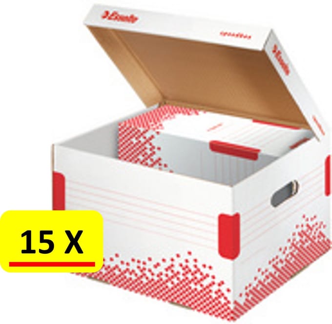 15 X Archiefcontainer Esselte Speedbox -Large - rood/wit gerecycleerd karton - 36 x 43 x 26 cm