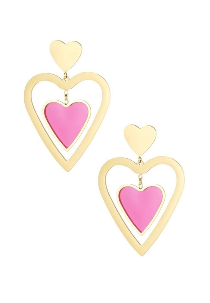 Oorbellen dubbel hart - Goud kleur/roze Stainless Steel - Emaille
