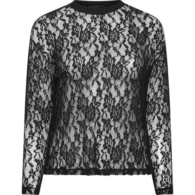 Limited Collection Zwarte Mesh Top Met Kant En Lange Mouwen Size 48