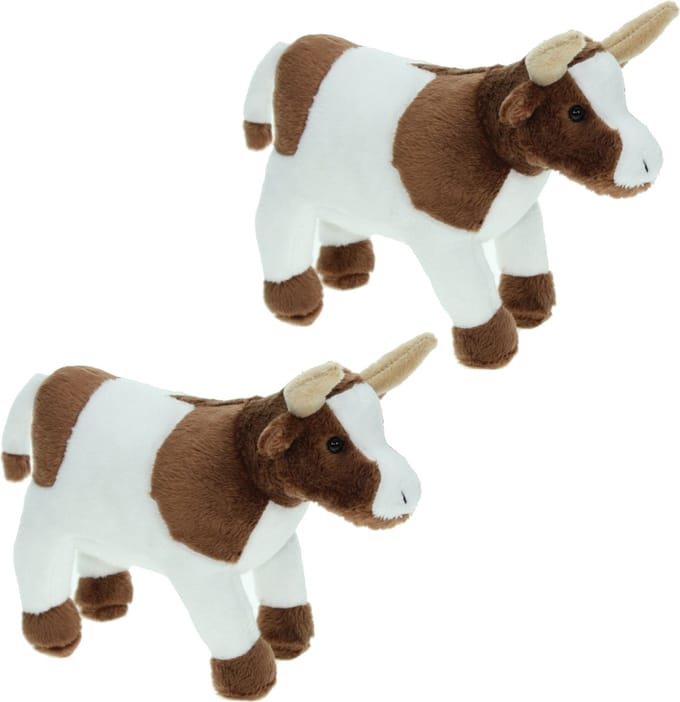 Cornelissen Pluche knuffel dier Koe - Set van 2x stuks - bruin/wit - 23 cm - Boerderij dieren