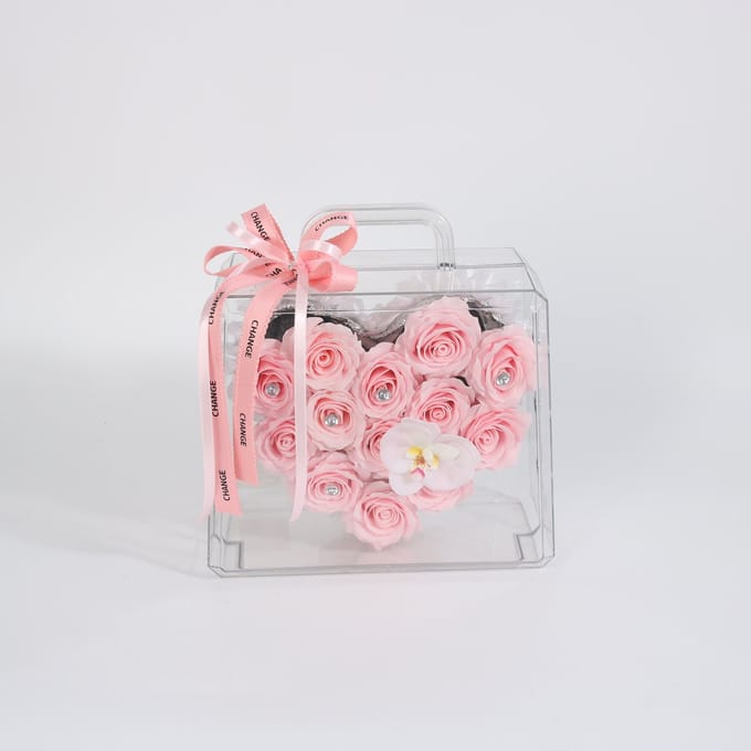 La Roselle Amsterdam Luxe Hart kunstrozen inclusief Transparante Handtas – Roze Rozen & Orchidee