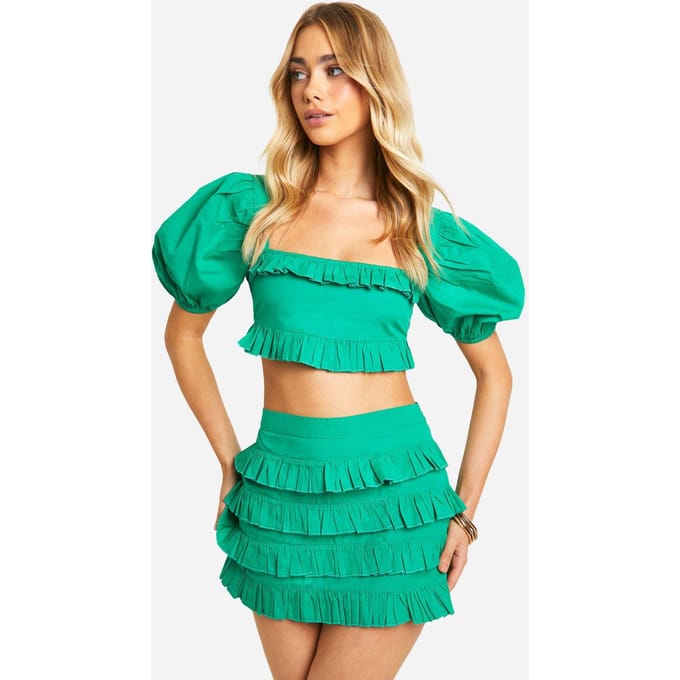 boohoo Dames Cotton Poplin Ruffle Mini Skirt | Groente | Maat: 38