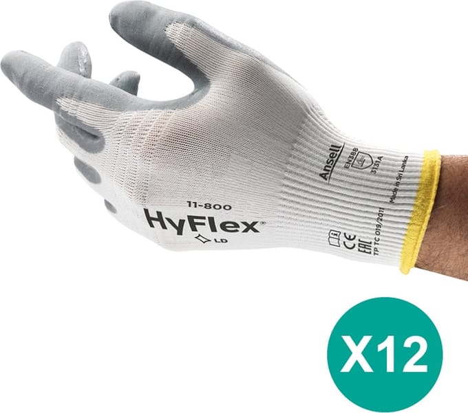 HyFlex® 11-800 - Werkhandschoen, DIY, Garage, Montage, M, Wit, 12 paar