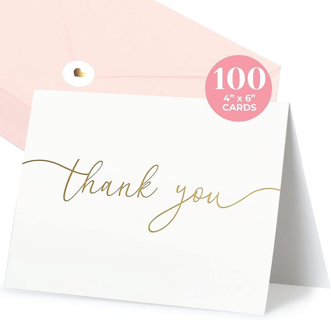 100 Blanco Bedankkaarten met Enveloppen - Goud Script - Voor Bruiloft, Jubileum & Zakelijk Gebruik