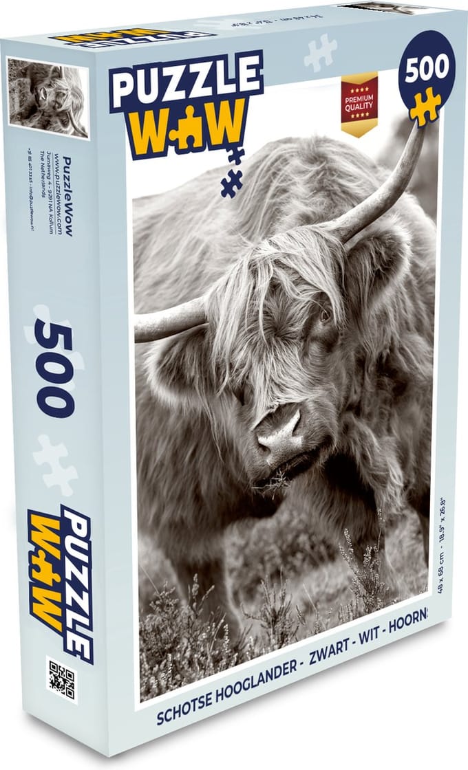 Puzzel Schotse Hooglander - Zwart - Wit - Hoorns - Legpuzzel - Puzzel 500 stukjes