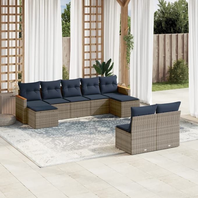 vidaXL - 9-delige - tuinbankset - met - kussens, - grijs - polyrotan
