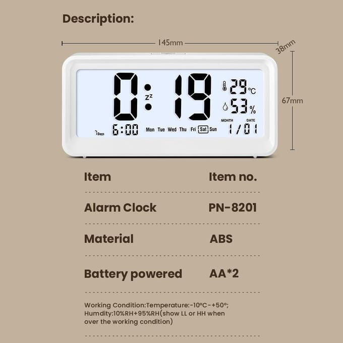 Digitale Wekker Groot LCD-Scherm Week Temperatuur Luchtvochtigheid Datum Weergave Achtergrondverlichting Ontwerp wit