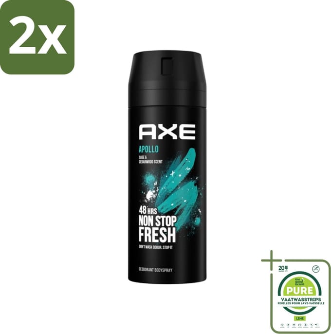 Axe - Deodorant Bodyspray - 48hrs Fresh - Apollo - Sage & Cedarwoord - 150 ml - Voordeelverpakking - 2 stuks - Deodorant - Axe Apollo