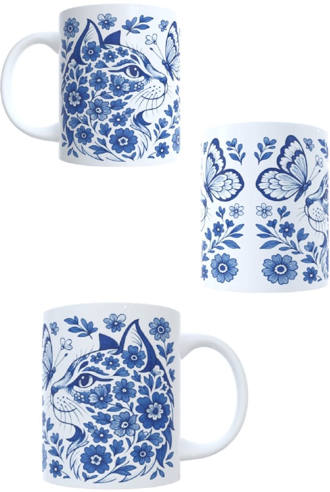 Bedrukte beker - mok met blauwe opdruk - afbeelding poes - kat