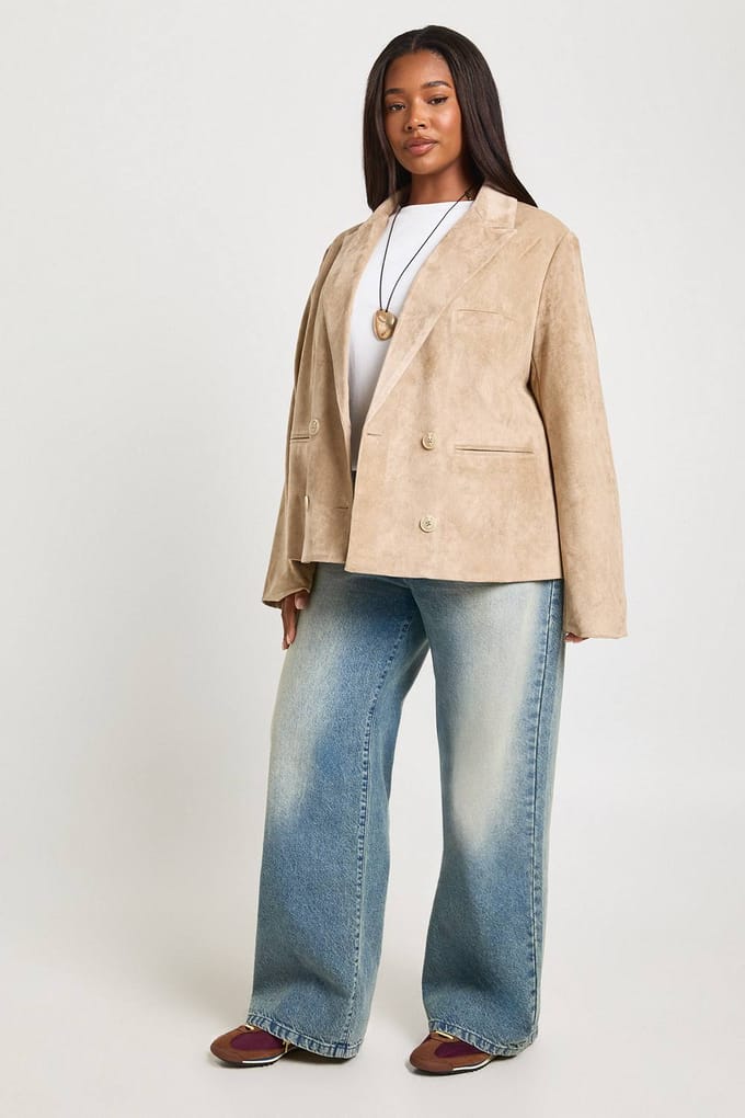 boohoo Dames Plus Suede Dubbele Rij Blazer | Steen | Maat: 46