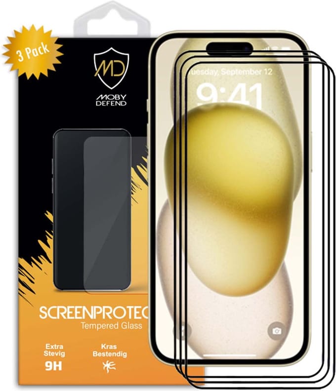 3-Pack MobyDefend Screenprotectors - Geschikt voor iPhone 15 - Screensavers Met Zwarte Randen - Gehard Glas