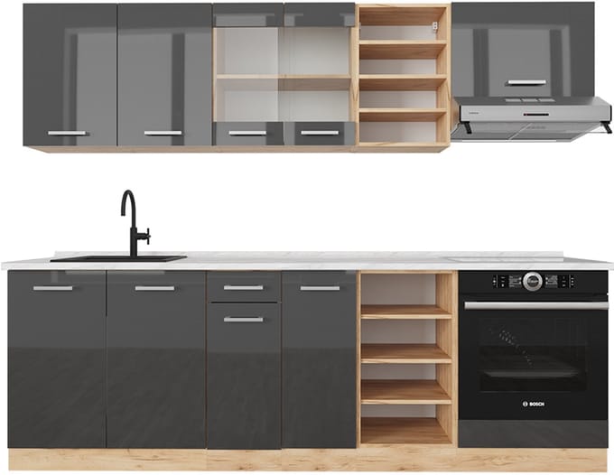 Vicco R-Line Complete keukeneenheid – 240 cm, WB Marmer Antraciet hoogglans/goud eiken