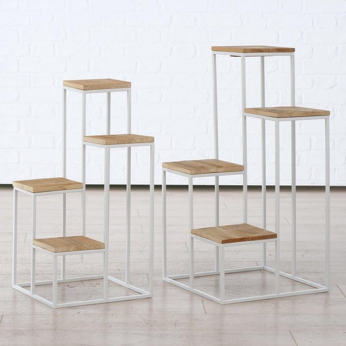 Bloempot rekje - 2 set - Metaal - Hout - 78cm - 40cm - wit