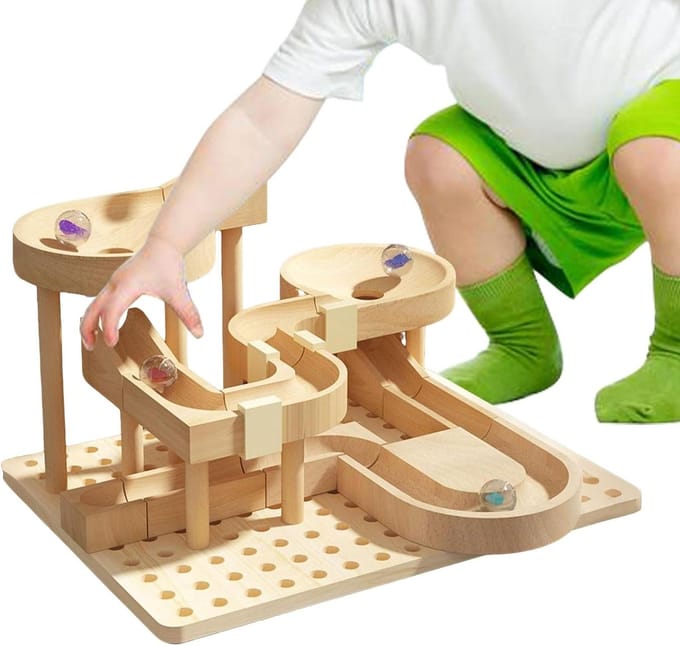 Houten Knikkerbaan - Leer puzzel - Ontwikkelend Spel - Creatieve Hellingsaanpassingen - 25 cm - Natuurlijk Hout