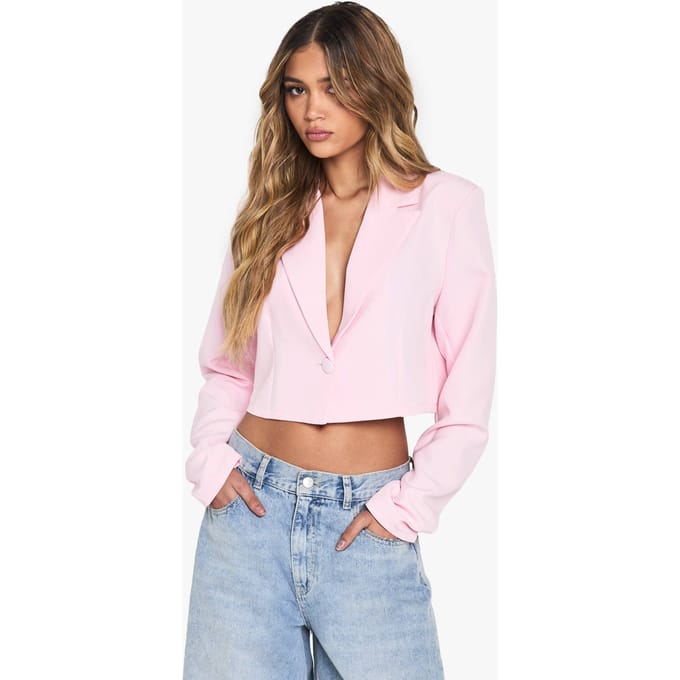 boohoo Dames Basic Geweven Relaxed Fit Crop Blazer | Baby Roze | Maat: 40