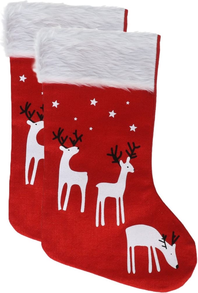 Gerimport Decoratie kerstsokken - 2x - rood - B27 x H46 cm - polyester - rendieren