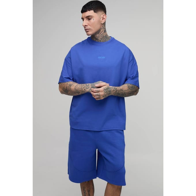 Tall Oversized Panelled Men's Geborduurd T-shirt En Short Set | Cobalt | Size Medium