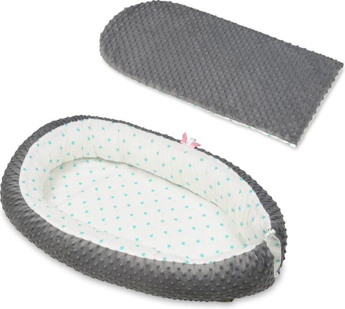 Babynestje - grijs wit - minky dot en sterren - met uitneembaar matras