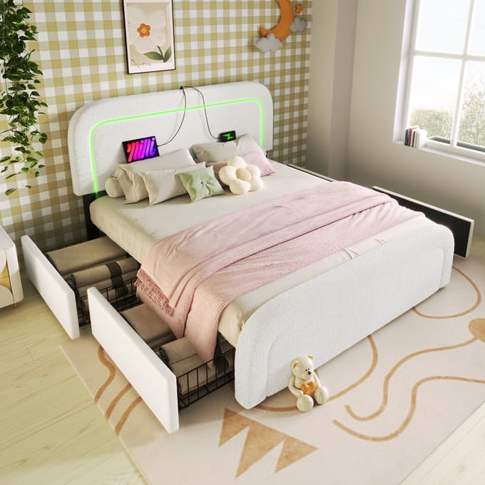 MODFU Bedframe 160x200 cm – Wit Sherpa met gebogen design & 4 lades – Incl. matras