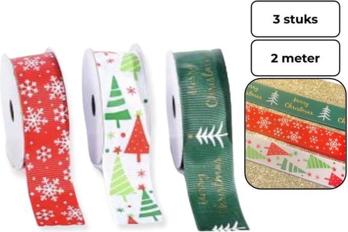 PD Kerst Linten - Luxe Ripsband Rood Wit Groen - 25mm x 2 meter