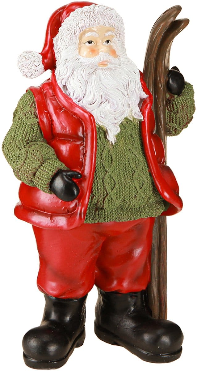 Decoratiefiguur van de Kerstman met ski, geschilderd 14×10,5×24,5 cm