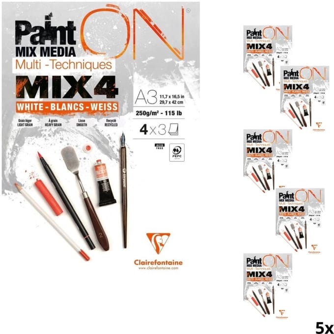 Clairefontaine - Paint ON - Multi-Techniek Pad - Tekenpapier - Schilderpapier - 4 papierstructuren - A3 - 12 vel - 5 stuks