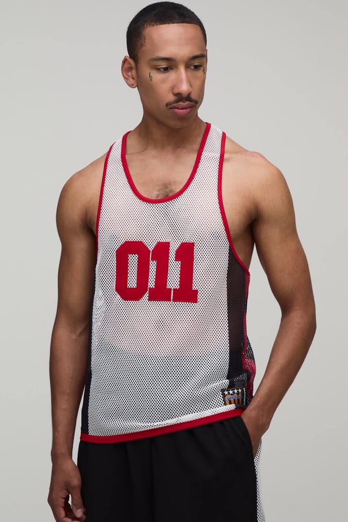 Regular Fit Netted 011 Appliqué Racerback Hemd | White | Size XL
