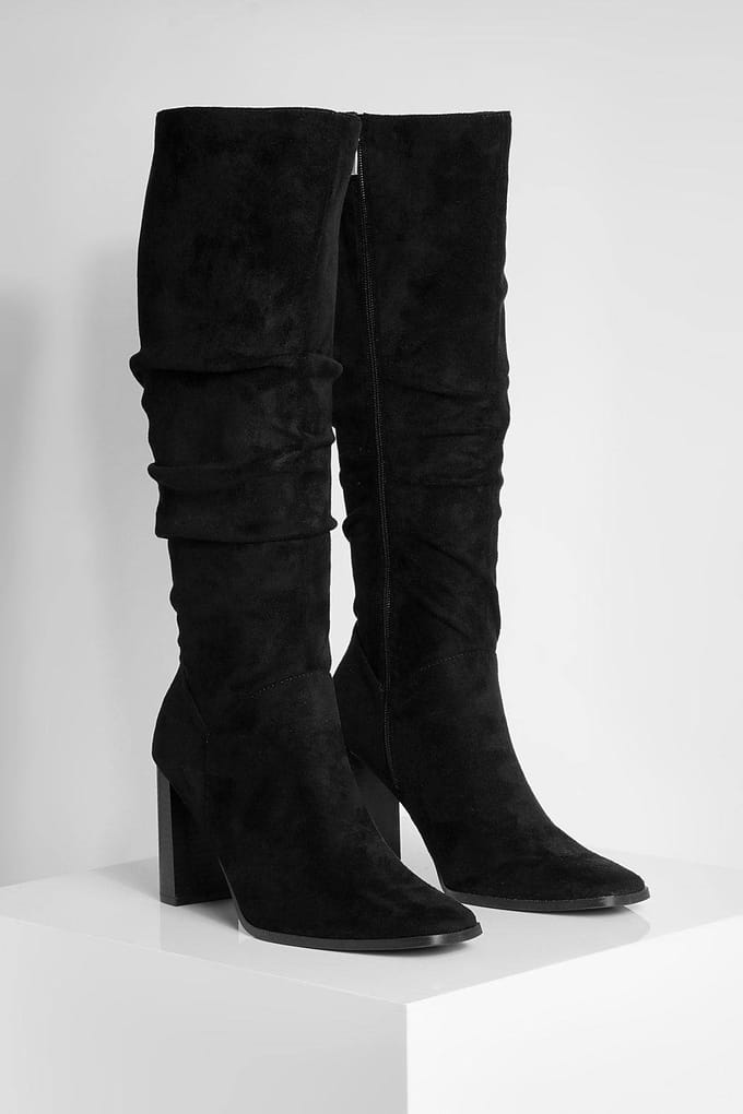 boohoo Dames Faux Suede Ruched Block Heel Knee High Boot | Black | Maat: 7