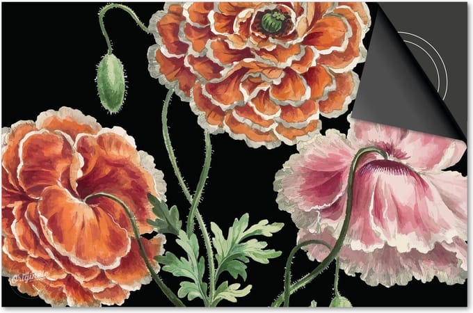 Inductie beschermer 77x51 - afdekplaat inductie mat - Dietrix Kookplaat beschermer - Base - Botanical - Rozen op zwart