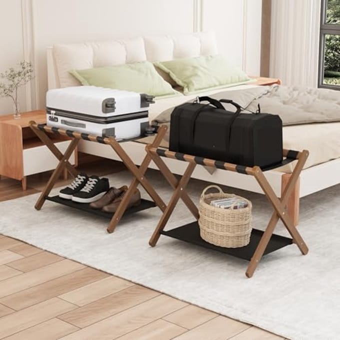 Opvouwbaar bamboe bagagerek met opbergplank - 2 stuks