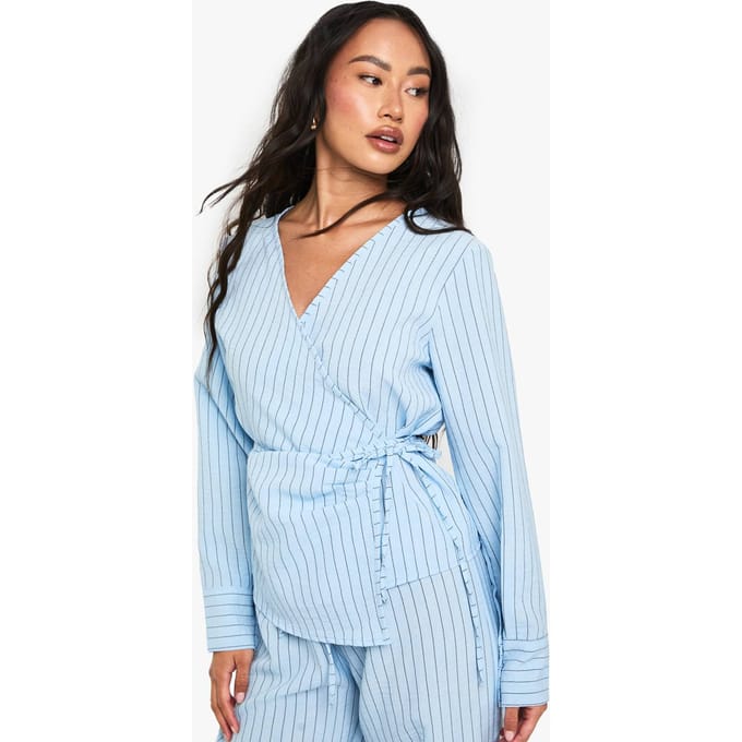 boohoo Dames Woven Striped Wrap Tie Detail Top | Blauw | Maat: 36