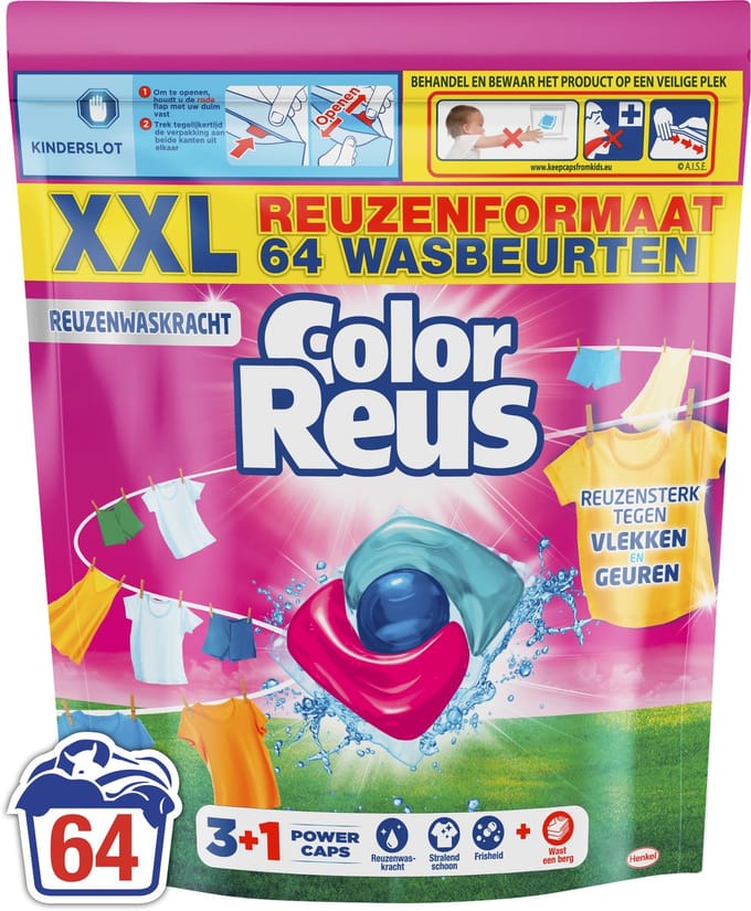 Color Reus 3+1 Power Caps - Wascapsules Wasmiddel - Gekleurde Was - 64 Wasbeurten - Grootverpakking
