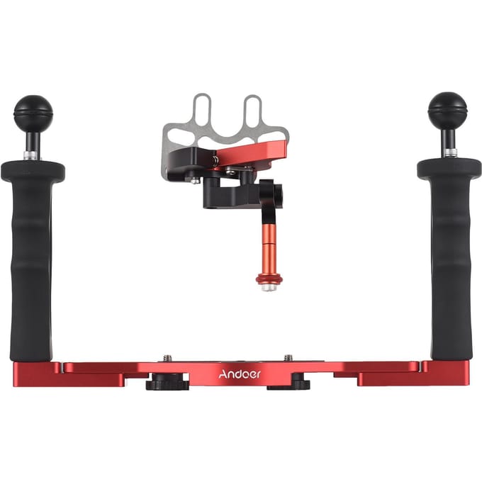 Andoer Dubbele Handgreep Camera Duikrig Handheld Onderwater Bak Stabilisator Verstelbare Camera Duiken rood