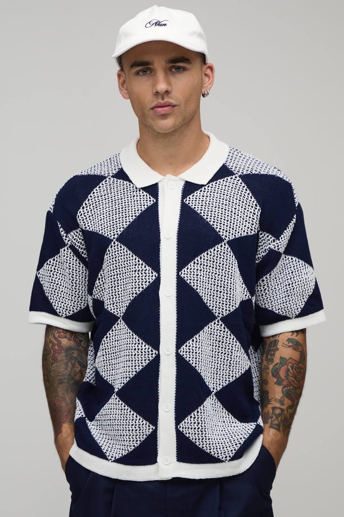 Gebreid Shirt Met Ontspannen Pasvorm En Open Haaksteek | Navy | Size Large