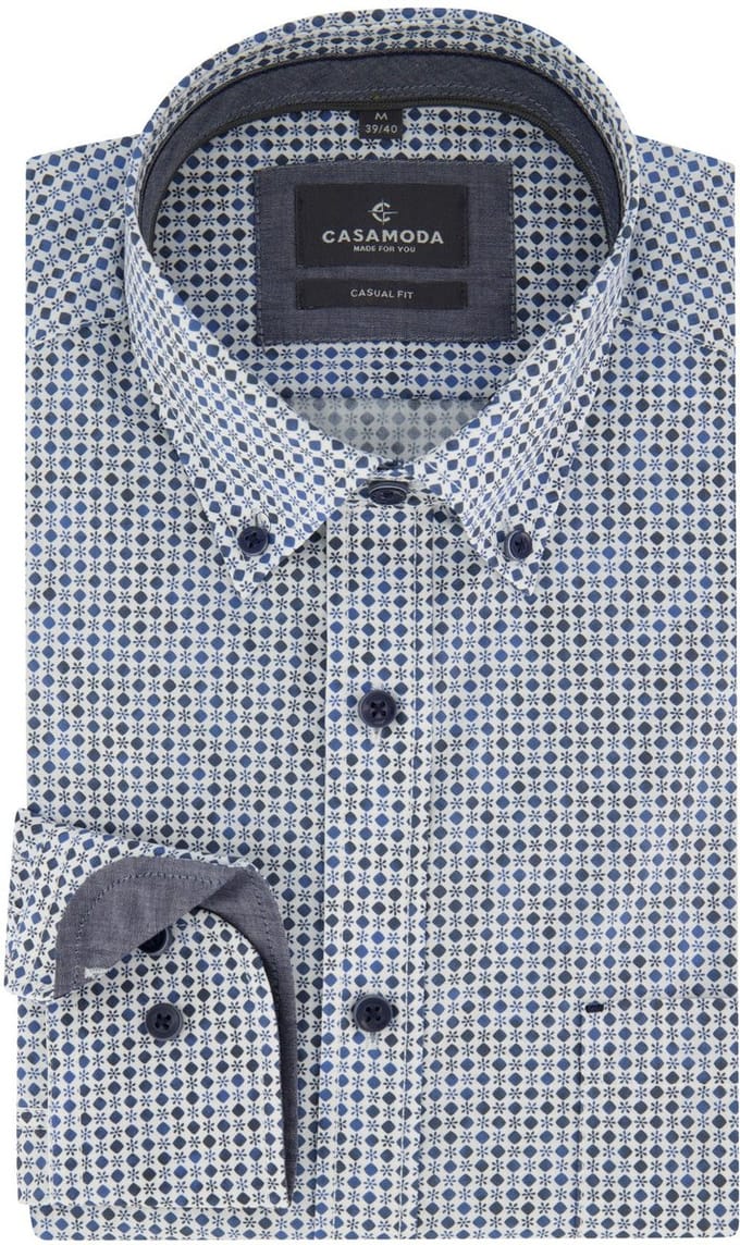 CASA MODA Sport casual fit overhemd - popeline - wit - blauw - donkerblauw dessin
