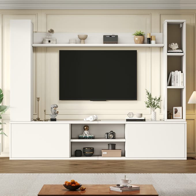 Zwevend TV Meubel 180 cm – TV Kast voor Woonkamer – Wit – met Verstelbare Planken – Lades – LED-Verlichting – Wandmontage – Tv Meubel Set