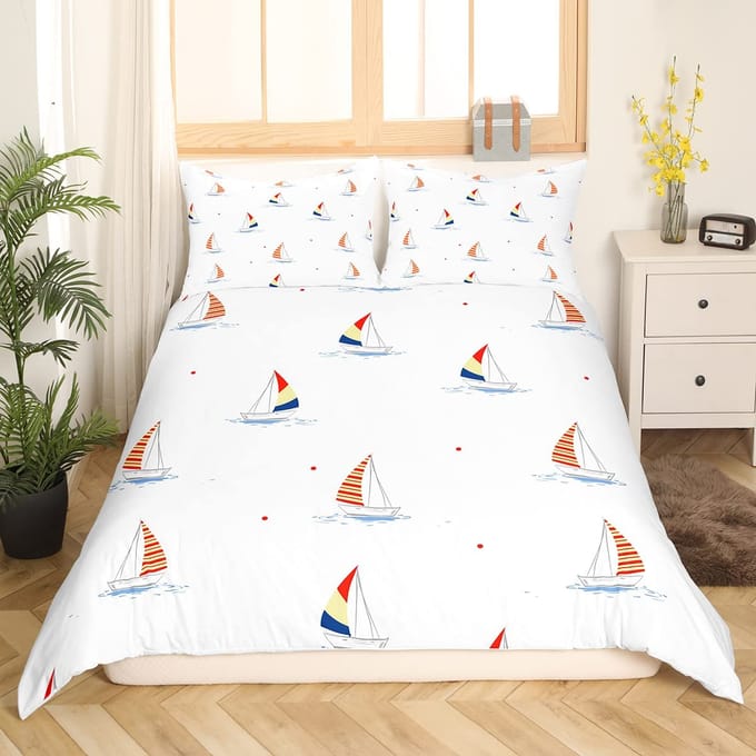 Housse de couette King Queen Voilier nautique Ensemble de literie Bateau à voile côtier Housse de couette Aventure en mer Housse de couette en polyester 70x133cm 2pcs