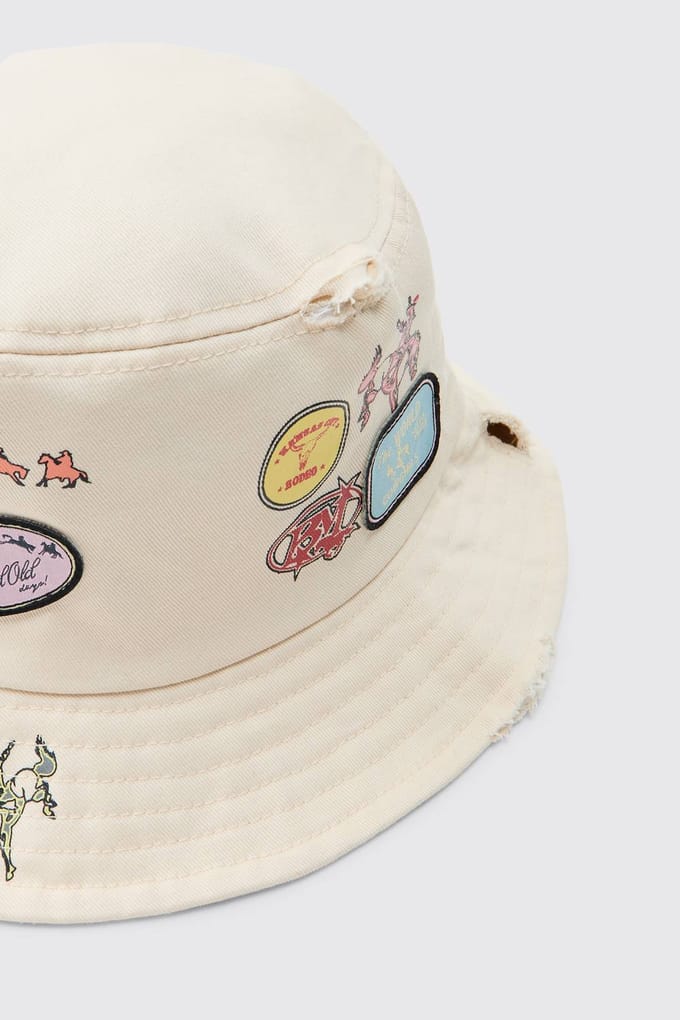 Bedrukte Bucket Hat Met Applicatie Patches | Ecru