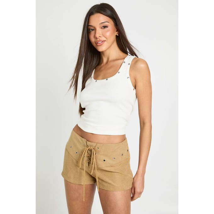 boohoo Dames Shorts Met Vetersluiting En Studs | Tan | Maat: 38