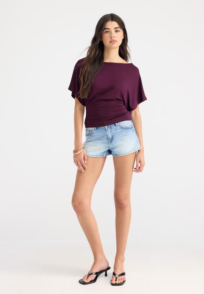 Stradivarius T-shirt met korte mouw en boothals  Purper M
