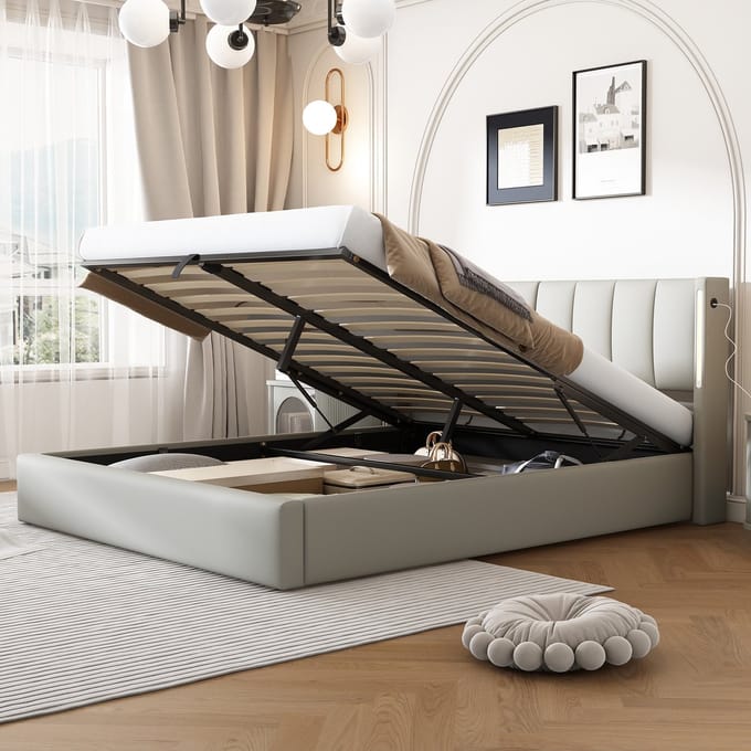 REDOM Bedframe 140x190 cm – PU grijs – Met verstelbaar hoofdeinde, USB-C & LED – Modern