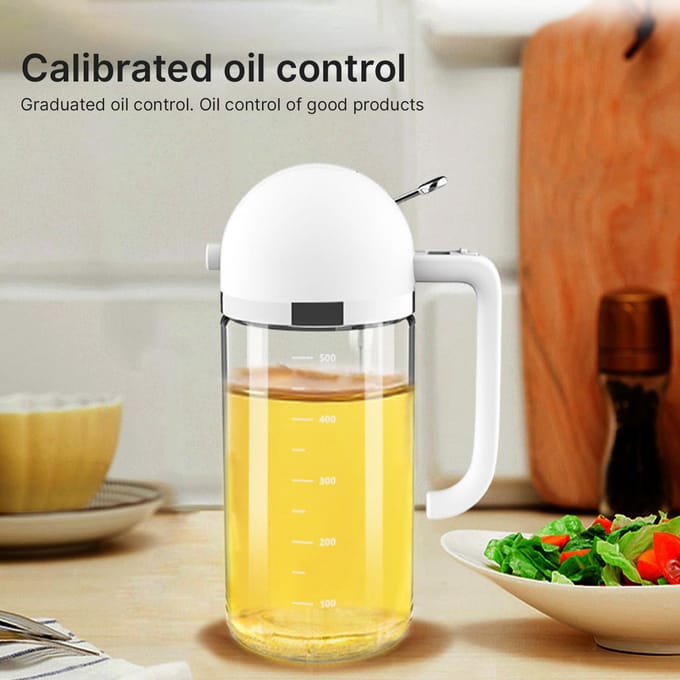 Distributeur d'huile 2 en 1 et pulvérisateur d'huile pour la cuisine 550 ml/18,6 oz Verre de qualité alimentaire Pulvérisateur d'huile d'olive blanc